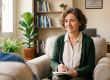 ai generated, therapy, counseling, psychology, psychotherapist, session, notebook, writing, interaction, person, office interior, potted plant, magazine, shelves, home office, woman, oral communication, client, numerous colorful books, interior design, therapeutic environment
