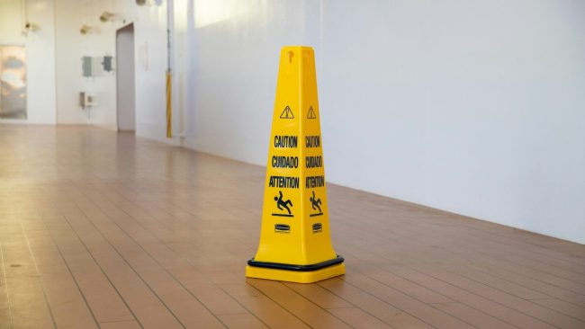 Unsplash Photo by Vinicius a yellow caution cone sitting on top of a hard wood floor